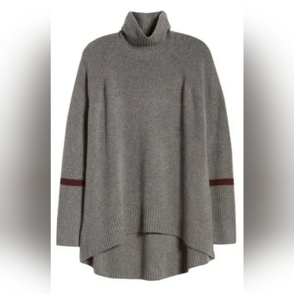 Halogen Size-S High Low Oversize Wool Blend Sweater Grey Heath/Burgundy - Picture 2 of 8